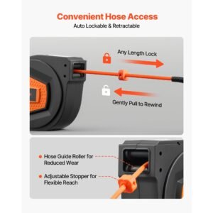retractable air hose reel, 1/4 inch x 50 ft hybrid air hose max 300psi, enclosed air compressor hoses reel auto rewind with 6.6 ft lead in & blow gun, 180° swivel ceiling/wall mount