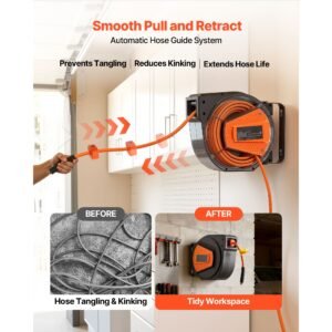 retractable air hose reel, 1/4 inch x 50 ft hybrid air hose max 300psi, enclosed air compressor hoses reel auto rewind with 6.6 ft lead in & blow gun, 180° swivel ceiling/wall mount