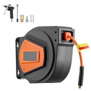 Retractable Air Hose Reel, 1/4 Inch x 50 FT Hybrid Air Hose Max 300PSI, Enclosed Air-Compressor Hoses Reel Auto Rewind with 6.6 ft Lead in & Blow Gun, 180° Swivel Ceiling/Wall Mount