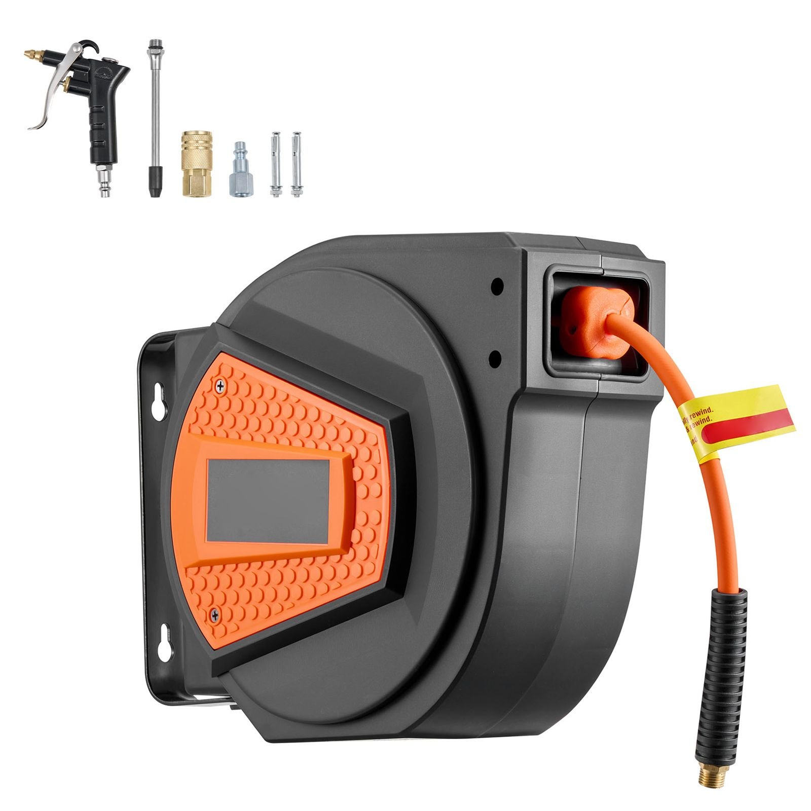 retractable air hose reel, 1/4 inch x 50 ft hybrid air hose max 300psi, enclosed air compressor hoses reel auto rewind with 6.6 ft lead in & blow gun, 180° swivel ceiling/wall mount