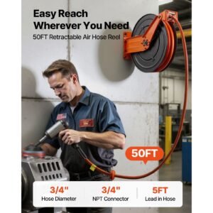 retractable air hose reel, 3/4 inch x 50 ft pvc air hose max 300psi, auto rewind air compressor hoses reel with 5 ft lead in, ceiling/wall mount heavy duty steel double arm