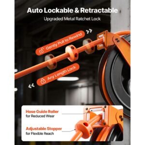 retractable air hose reel, 3/4 inch x 50 ft pvc air hose max 300psi, auto rewind air compressor hoses reel with 5 ft lead in, ceiling/wall mount heavy duty steel double arm