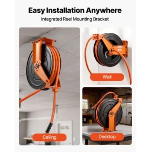 retractable air hose reel, 3/4 inch x 50 ft pvc air hose max 300psi, auto rewind air compressor hoses reel with 5 ft lead in, ceiling/wall mount heavy duty steel double arm