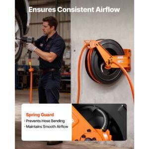 retractable air hose reel, 3/4 inch x 50 ft pvc air hose max 300psi, auto rewind air compressor hoses reel with 5 ft lead in, ceiling/wall mount heavy duty steel double arm