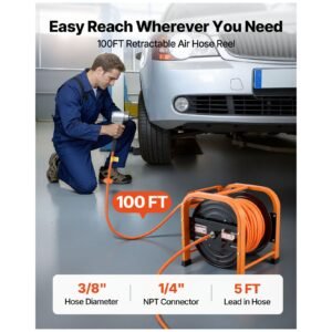 retractable air hose reel, 3/8 inch x 100 ft pvc air hose max 300psi, auto rewind air compressor hoses reel with 5 ft lead in, portable freestanding heavy duty steel reel for garages workshops