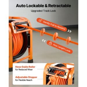 retractable air hose reel, 3/8 inch x 100 ft pvc air hose max 300psi, auto rewind air compressor hoses reel with 5 ft lead in, portable freestanding heavy duty steel reel for garages workshops