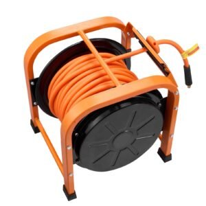 Retractable Air Hose Reel, 3/8 Inch x 100 FT PVC Air Hose Max 300PSI, Auto Rewind Air-Compressor Hoses Reel with 5 ft Lead in, Portable Freestanding Heavy Duty Steel Reel for Garages Workshops