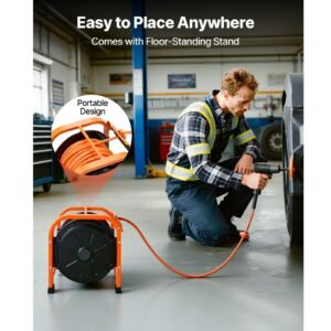 retractable air hose reel, 3/8 inch x 100 ft pvc air hose max 300psi, auto rewind air compressor hoses reel with 5 ft lead in, portable freestanding heavy duty steel reel for garages workshops