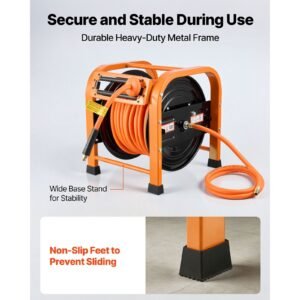 retractable air hose reel, 3/8 inch x 100 ft pvc air hose max 300psi, auto rewind air compressor hoses reel with 5 ft lead in, portable freestanding heavy duty steel reel for garages workshops