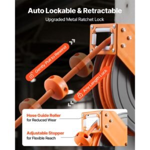 retractable air hose reel, 3/8 inch x 50 ft hybrid air hose max 300psi, auto rewind air compressor hoses reel with 5 ft lead in, 180° swivel ceiling/wall mount for garage workshops