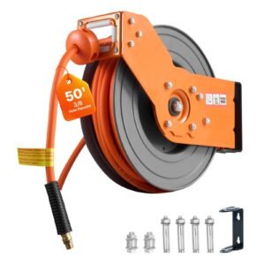 Retractable Air Hose Reel, 3/8 Inch x 50 FT Hybrid Air Hose Max 300PSI, Auto Rewind Air-Compressor Hoses Reel with 5 ft Lead in, 180° Swivel Ceiling/Wall Mount for Garage Workshops