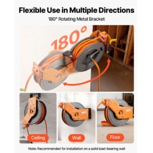 retractable air hose reel, 3/8 inch x 50 ft hybrid air hose max 300psi, auto rewind air compressor hoses reel with 5 ft lead in, 180° swivel ceiling/wall mount for garage workshops