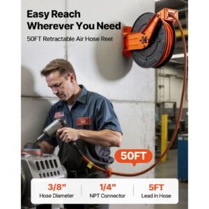 retractable air hose reel, 3/8 inch x 50 ft rubber air hose max 300psi, auto rewind air compressor hoses reel with 5 ft lead in, ceiling/wall mount heavy duty steel double arm