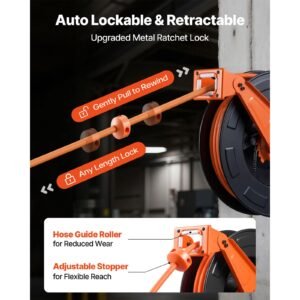 retractable air hose reel, 3/8 inch x 50 ft rubber air hose max 300psi, auto rewind air compressor hoses reel with 5 ft lead in, ceiling/wall mount heavy duty steel double arm
