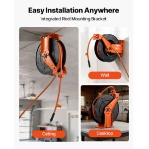 retractable air hose reel, 3/8 inch x 50 ft rubber air hose max 300psi, auto rewind air compressor hoses reel with 5 ft lead in, ceiling/wall mount heavy duty steel double arm