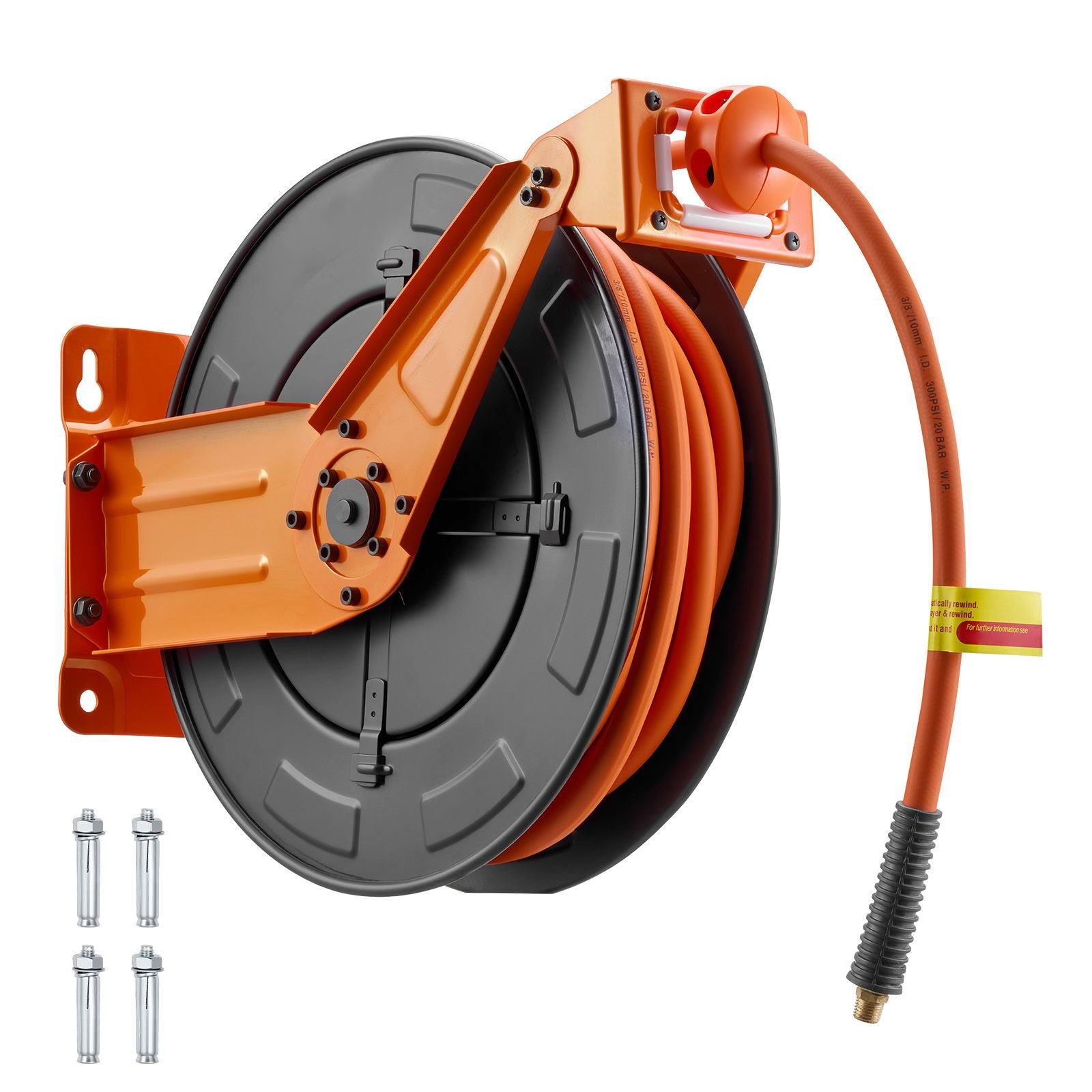 retractable air hose reel, 3/8 inch x 50 ft rubber air hose max 300psi, auto rewind air compressor hoses reel with 5 ft lead in, ceiling/wall mount heavy duty steel double arm