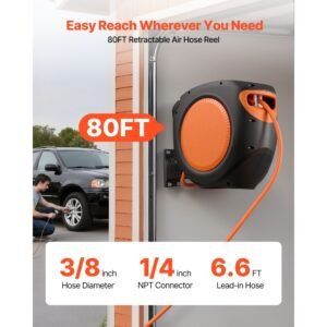 retractable air hose reel, 3/8 inch x 80 ft hybrid air hose max 300psi, enclosed air compressor hoses reel auto rewind with 6.6 ft lead in, 180° swivel ceiling/wall mount for workshops