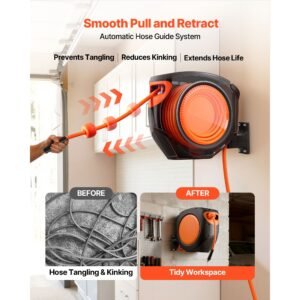 retractable air hose reel, 3/8 inch x 80 ft hybrid air hose max 300psi, enclosed air compressor hoses reel auto rewind with 6.6 ft lead in, 180° swivel ceiling/wall mount for workshops