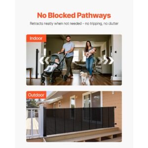 retractable baby gate, extends to 163.3 inch extra wide, 39 inch tall, with reinforced fiberglass strips, avoids crawling through, mesh dog gate for decks, doorways, garages, indoor, black