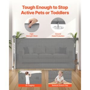 retractable baby gate, extends to 56.3 inch wide, 31.3 inch tall, with security lock, easy to use, walk through without tripping, mesh dog gate for stairs, hallways, indoor/outdoor, gray