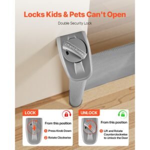 retractable baby gate, extends to 56.3 inch wide, 31.3 inch tall, with security lock, easy to use, walk through without tripping, mesh dog gate for stairs, hallways, indoor/outdoor, gray