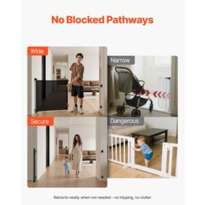retractable baby gate, extends to 57 inch wide, 38.5 inch tall, with security lock, easy to use, walk through without tripping, mesh dog gate for stairs, hallways, indoor/outdoor, black