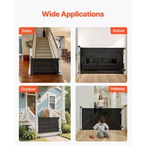 retractable baby gate, extends to 57 inch wide, 38.5 inch tall, with security lock, easy to use, walk through without tripping, mesh dog gate for stairs, hallways, indoor/outdoor, black