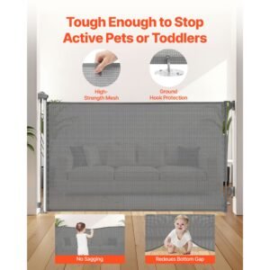 retractable baby gate, extends to 57 inch wide, 38.5 inch tall, with security lock, easy to use, walk through without tripping, mesh dog gate for stairs, hallways, indoor/outdoor, gray