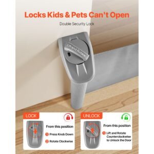 retractable baby gate, extends to 57 inch wide, 38.5 inch tall, with security lock, easy to use, walk through without tripping, mesh dog gate for stairs, hallways, indoor/outdoor, gray