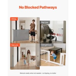 retractable baby gate, extends to 57 inch wide, 38.5 inch tall, with security lock, easy to use, walk through without tripping, mesh dog gate for stairs, hallways, indoor/outdoor, gray