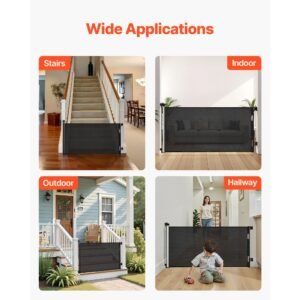 retractable baby gate, extends to 72.8 inch wide, 31.3 inch tall, with security lock, easy to use, walk through without tripping, mesh dog gate for stairs, hallways, indoor/outdoor, black