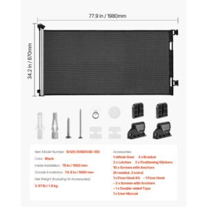 retractable baby gate, extends to 72.8 inch wide, 31.3 inch tall, with security lock, easy to use, walk through without tripping, mesh dog gate for stairs, hallways, indoor/outdoor, black