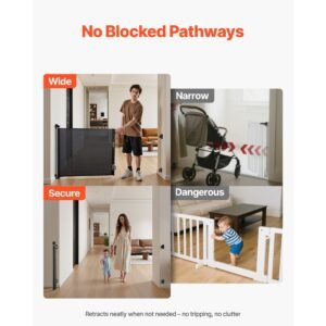 retractable baby gate, extends to 72.8 inch wide, 38.5 inch tall, with security lock, easy to use, walk through without tripping, mesh dog gate for stairs, hallways, indoor/outdoor, black