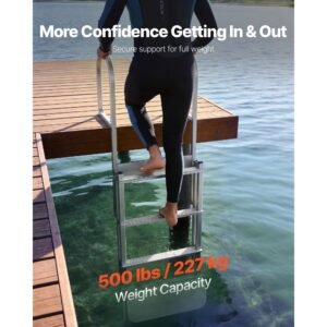 retractable dock ladder, 4 steps, aluminum alloy pontoon boat swim ladder with auto lift float, non slip wide steps, 500 lbs weight capacity, adjustable height, for lake pool marine boarding