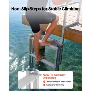 retractable dock ladder, 4 steps, aluminum alloy pontoon boat swim ladder with auto lift float, non slip wide steps, 500 lbs weight capacity, adjustable height, for lake pool marine boarding