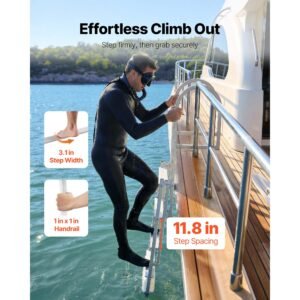 retractable dock ladder, 4 steps, aluminum alloy pontoon boat swim ladder with auto lift float, non slip wide steps, 500 lbs weight capacity, adjustable height, for lake pool marine boarding