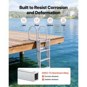 retractable dock ladder, 4 steps, aluminum alloy pontoon boat swim ladder with auto lift float, non slip wide steps, 500 lbs weight capacity, adjustable height, for lake pool marine boarding