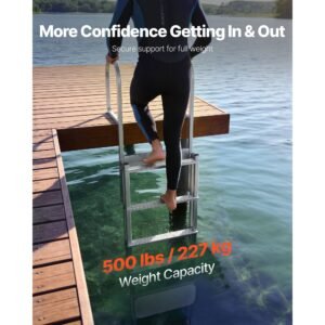 retractable dock ladder, 5 steps, aluminum alloy pontoon boat swim ladder with auto lift float, non slip wide steps, 500 lbs weight capacity, adjustable height, for lake pool marine boarding