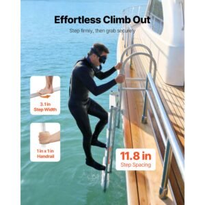 retractable dock ladder, 5 steps, aluminum alloy pontoon boat swim ladder with auto lift float, non slip wide steps, 500 lbs weight capacity, adjustable height, for lake pool marine boarding