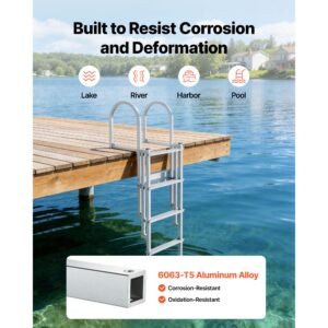 retractable dock ladder, 5 steps, aluminum alloy pontoon boat swim ladder with auto lift float, non slip wide steps, 500 lbs weight capacity, adjustable height, for lake pool marine boarding