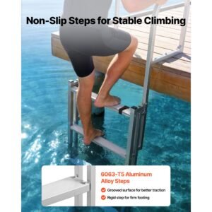 retractable dock ladder, 5 steps, aluminum alloy pontoon boat swim ladder, with non slip wide steps, 350 lbs weight capacity, adjustable height, for lake swimming, pool, boat, marine boarding