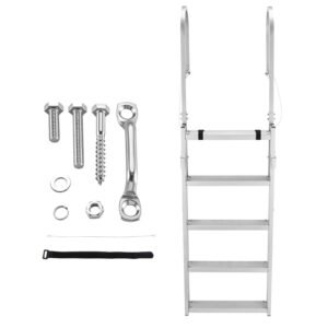 Retractable Dock Ladder, 5 Steps, Aluminum Alloy Pontoon Boat Swim Ladder, with Non-Slip Wide Steps, 350 lbs Weight Capacity, Adjustable Height, for Lake Swimming, Pool, Boat, Marine Boarding