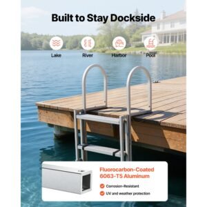 retractable dock ladder, 5 steps, aluminum alloy pontoon boat swim ladder, with non slip wide steps, 350 lbs weight capacity, adjustable height, for lake swimming, pool, boat, marine boarding