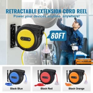 retractable extension cord reel, 80 ft, heavy duty 12awg/3c sjtow retractable power cord with lighted triple tap outlet, 15 amp circuit breaker 180° swivel bracket for ceiling or wall mount