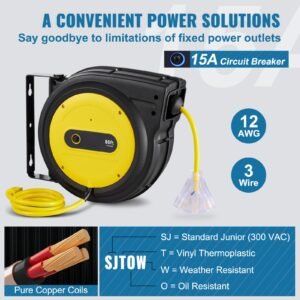 retractable extension cord reel, 80 ft, heavy duty 12awg/3c sjtow retractable power cord with lighted triple tap outlet, 15 amp circuit breaker 180° swivel bracket for ceiling or wall mount