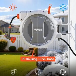 retractable garden hose reel, 1/2 in x 100 ft, wall mounted hose reel with 9 function sprayer nozzle and 180° swivel bracket, any length lock, automatic slow rewind system, for garden watering