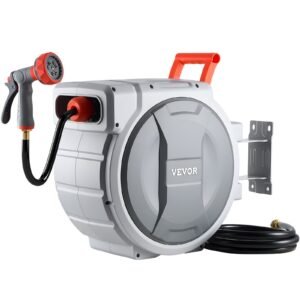Retractable Garden Hose Reel, 1/2 in x 100 ft, Wall Mounted Hose Reel with 9-Function Sprayer Nozzle and 180° Swivel Bracket, Any Length Lock, Automatic Slow Rewind System, for Garden Watering