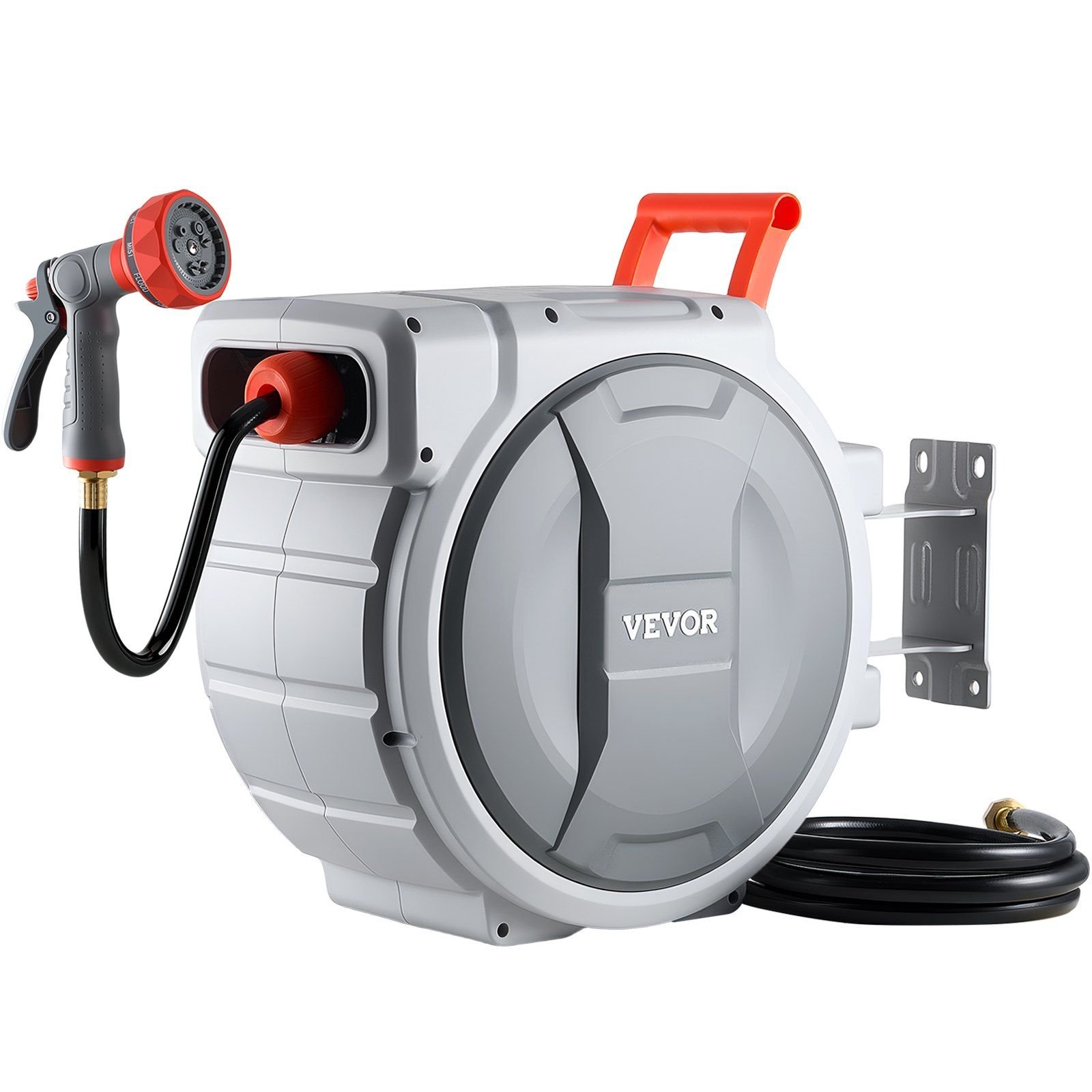 retractable garden hose reel, 1/2 in x 100 ft, wall mounted hose reel with 9 function sprayer nozzle and 180° swivel bracket, any length lock, automatic slow rewind system, for garden watering
