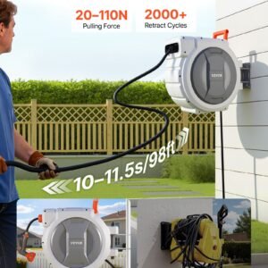 retractable garden hose reel, 1/2 in x 130 ft, wall mounted hose reel with 9 function sprayer nozzle and 180° swivel bracket, any length lock, automatic slow rewind system, for garden watering