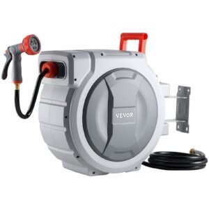 Retractable Garden Hose Reel, 1/2 in x 130 ft, Wall Mounted Hose Reel with 9-Function Sprayer Nozzle and 180° Swivel Bracket, Any Length Lock, Automatic Slow Rewind System, for Garden Watering